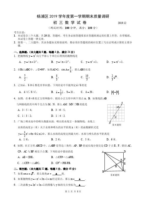 2020学年杨浦初三数学一模试卷及答案