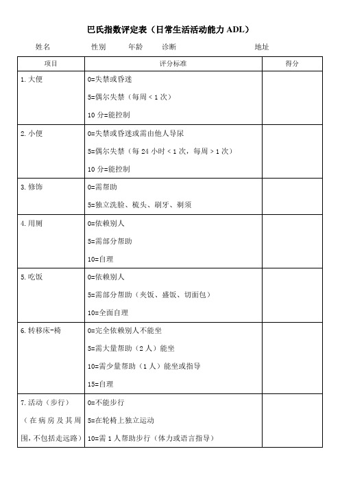 巴氏指数评分表