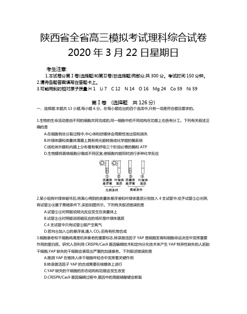 2020年陕西省全省高三模拟考试理科综合试卷