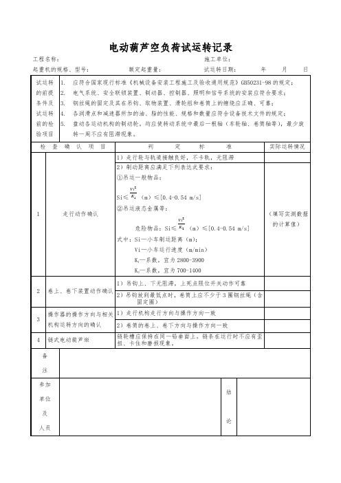 电动葫芦空负荷试运转记录