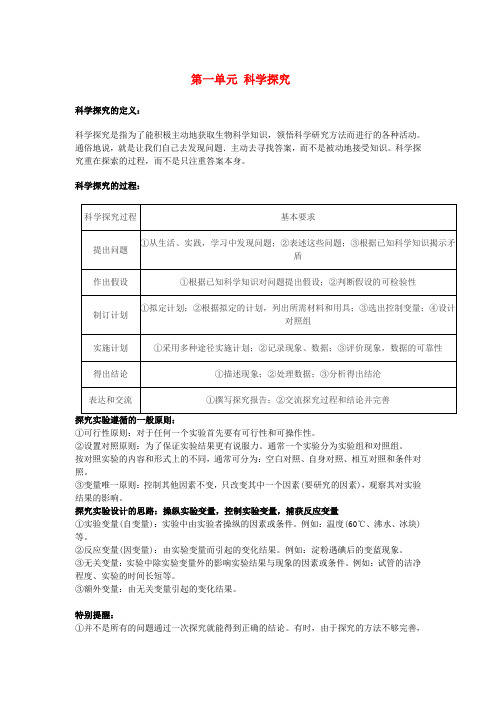 中考生物复习第一单元科学探究知识点小结