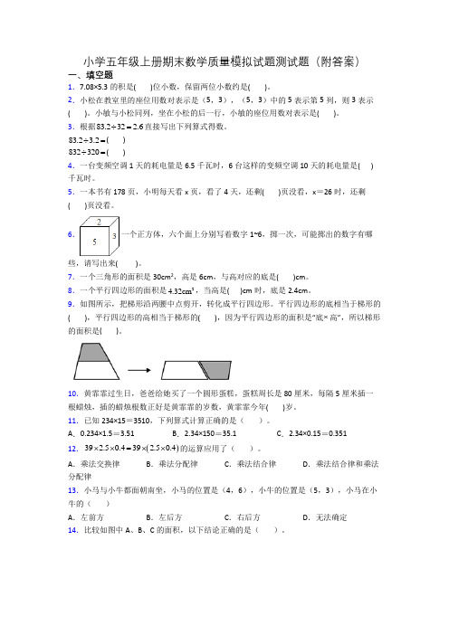 小学五年级上册期末数学质量模拟试题测试题(附答案)