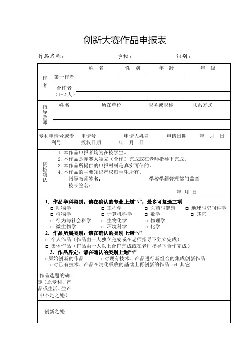 创新大赛作品申报表