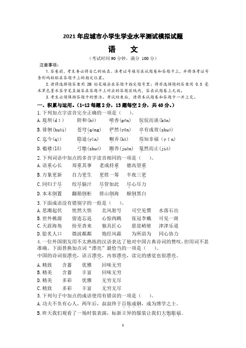 六年级下册语文试题- 小考模拟试卷  部编版(含答案)