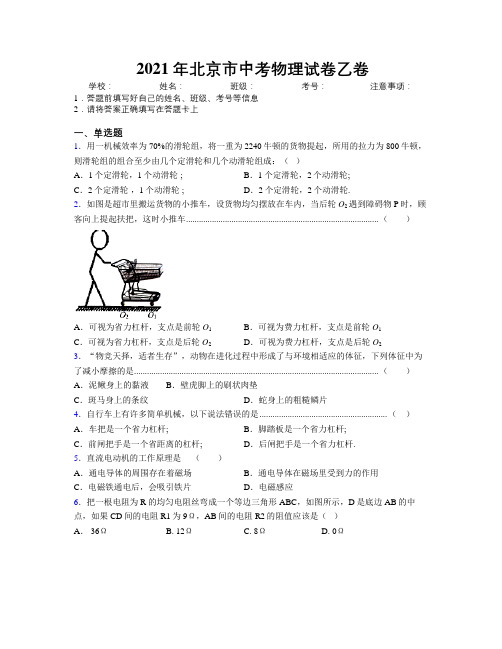 2021年北京市中考物理试卷乙卷附解析