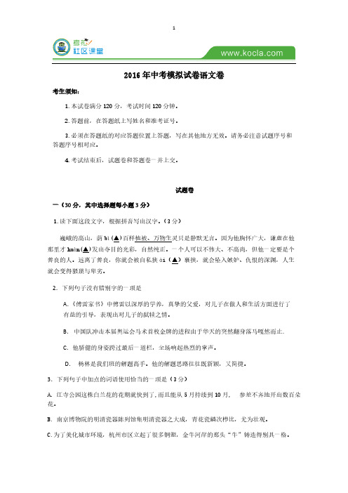 【VIP专享】2016年中考模拟试卷语文卷
