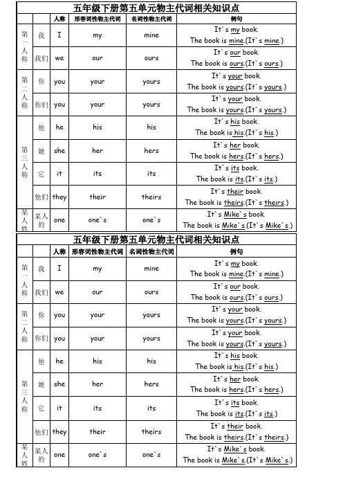 新人教版小学英语五年级下册第五单元物主代词知识汇总