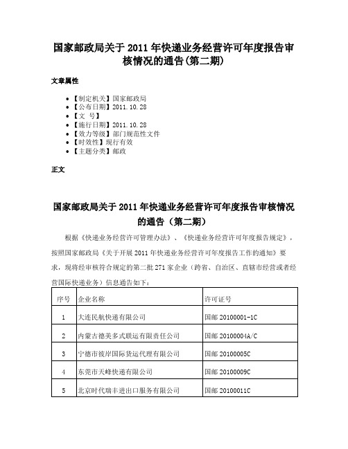 国家邮政局关于2011年快递业务经营许可年度报告审核情况的通告(第二期)