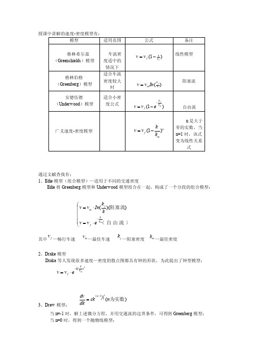 授课中讲解的速度-密度模型有：