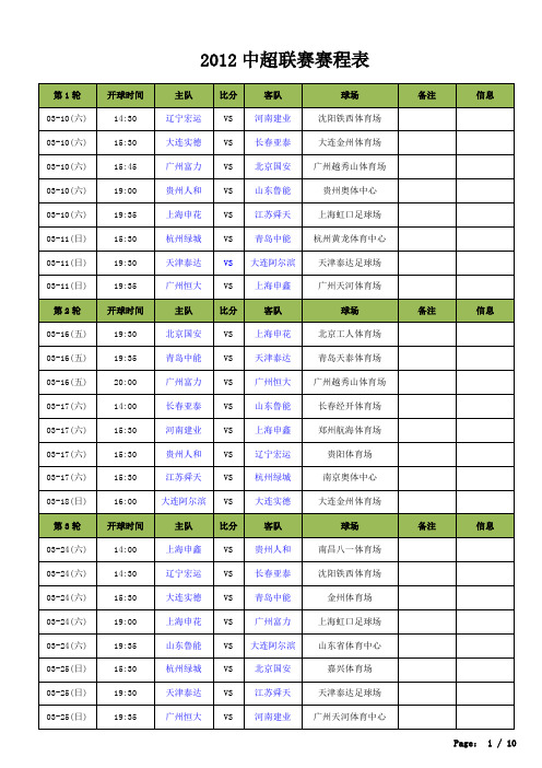 2012中超联赛赛程表