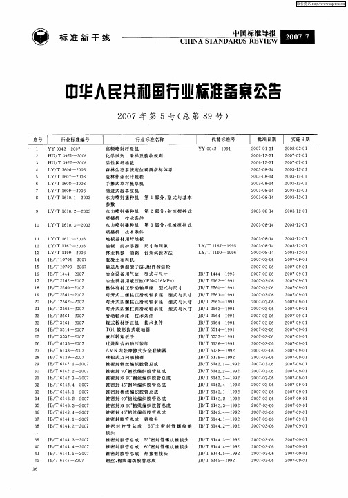 中华人民共和国行业标准备案公告2007年第5号(总第89号)