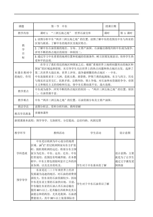 第八章第一节 中东 教学设计(表格式)人教版地理七年级下册