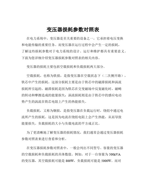 变压器损耗参数对照表