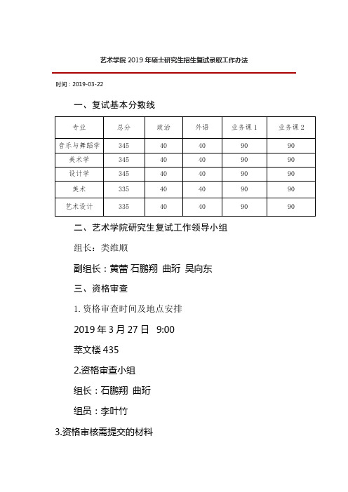 吉林大学艺术学院2019年硕士研究生招生复试录取工作办法