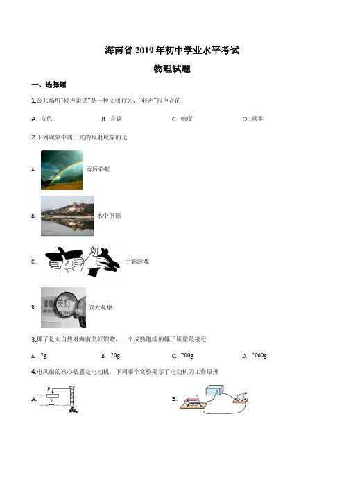 【精品】2019年海南省中考物理试题(原卷版)