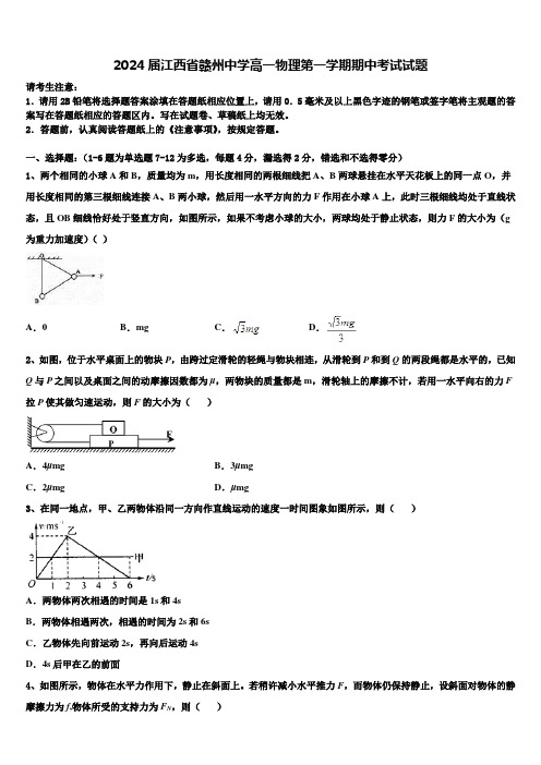 2024届江西省赣州中学高一物理第一学期期中考试试题含解析