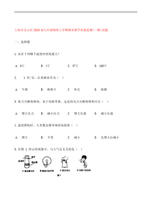 上海市宝山区2020届九年级物理上学期期末教学质量监测(一模)试题