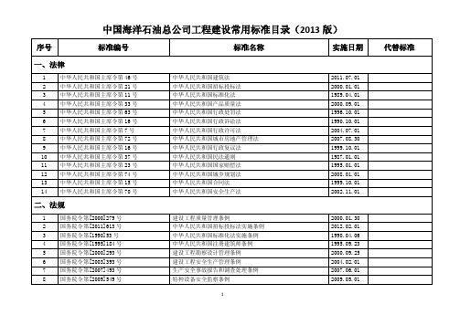 中国海洋石油总公司工程建设常用标准目录(2013 版)