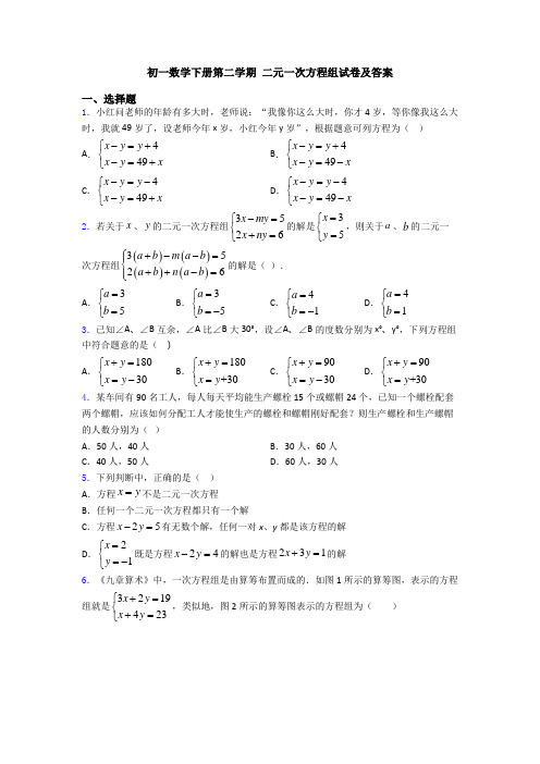 初一数学下册第二学期 二元一次方程组试卷及答案