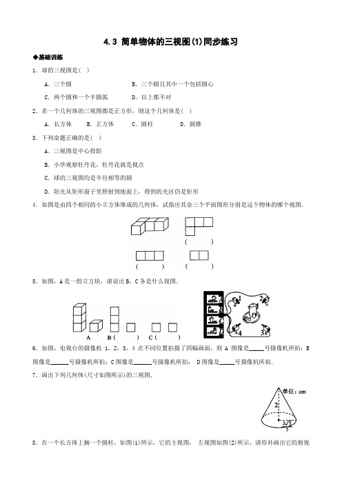 浙教版九年级下4.3简单物体的三视图(1)同步练习