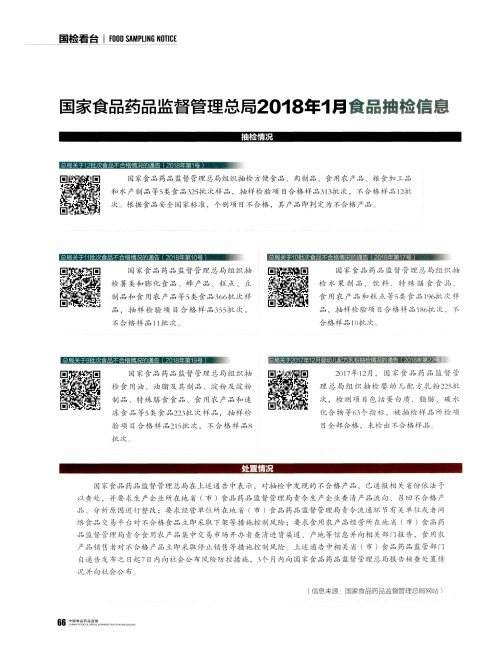 国家食品药品监督管理总局2018年1月食品抽检信息