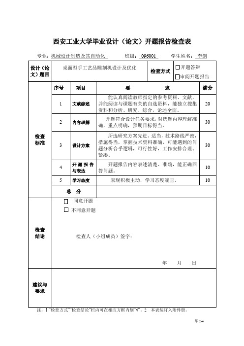 西安工业大学毕业设计(论文)开题报告检查表