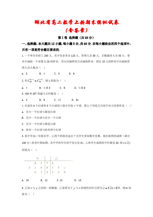 湖北省2020-2021学年高二数学上学期期末模拟考试2套(含答案)