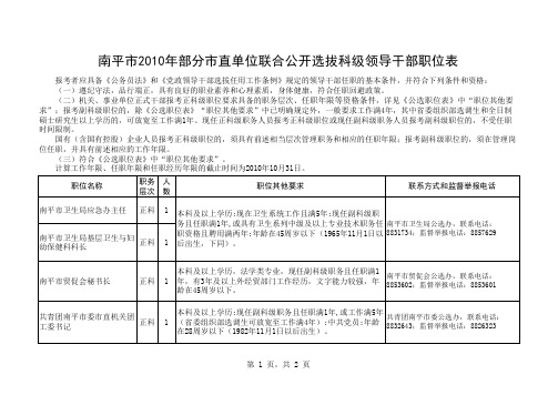 南平市2010年部分市直单位联合公开选拔科级领导干部职位表