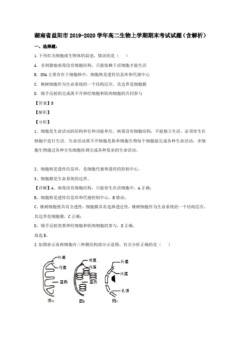 湖南省益阳市2019_2020学年高二生物上学期期末考试试题含解析