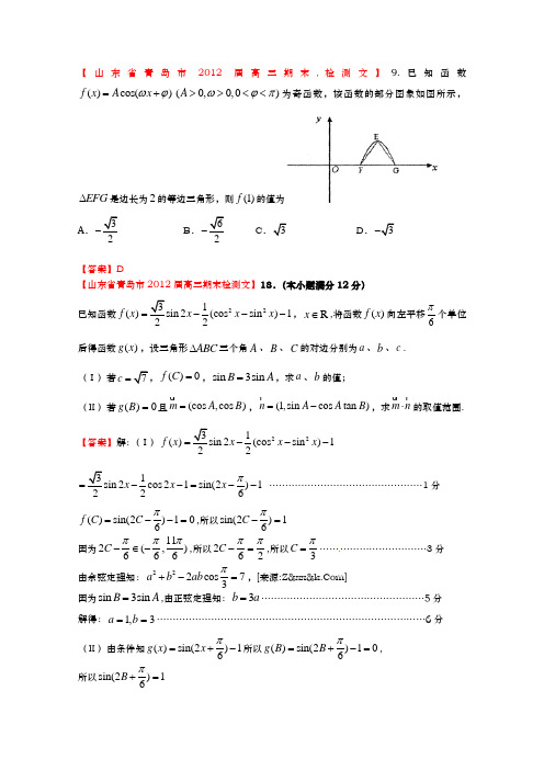 山东省各地市2012年高考数学(文科)最新试题分类大汇编14：三角函数(4)