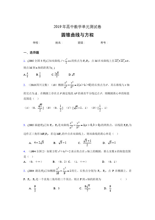 精编新版2019高中数学单元测试《圆锥曲线方程》完整题(含参考答案)