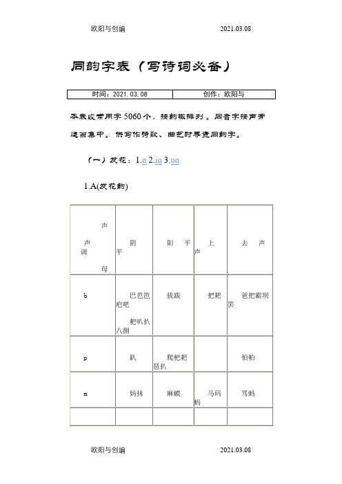 同韵字表(写诗词必备)之欧阳与创编