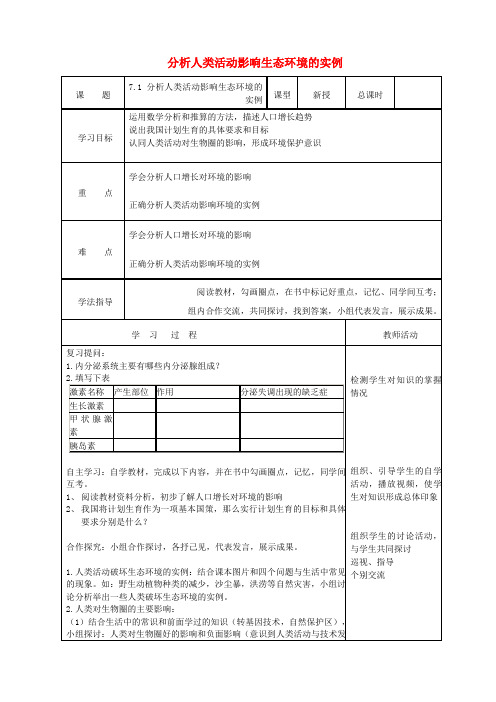 新人教版七年级生物下册4.7.1分析人类活动对生态环境的影响导学案新版