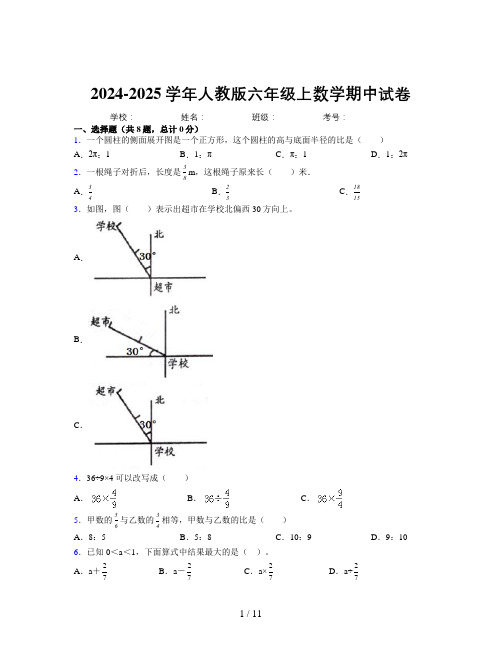 2024-2025学年六年级上册数学期中试卷及详细答案解析8006