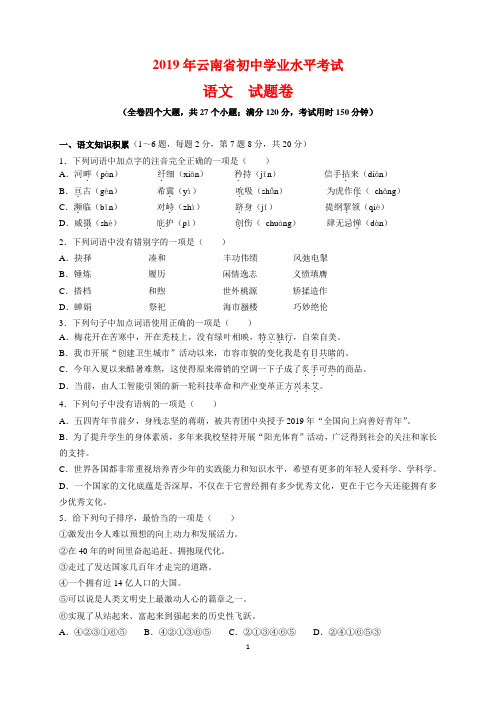 2019年云南省中考语文试题及参考答案(word解析版)