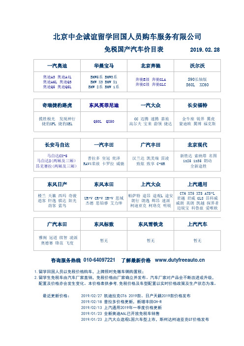 《北京中企诚谊留学生免税车型价格表》_xls_20190228