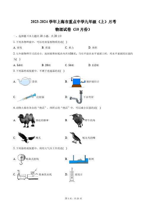 2023-2024学年上海市重点中学九年级(上)月考物理试卷(10月份)(含解析)