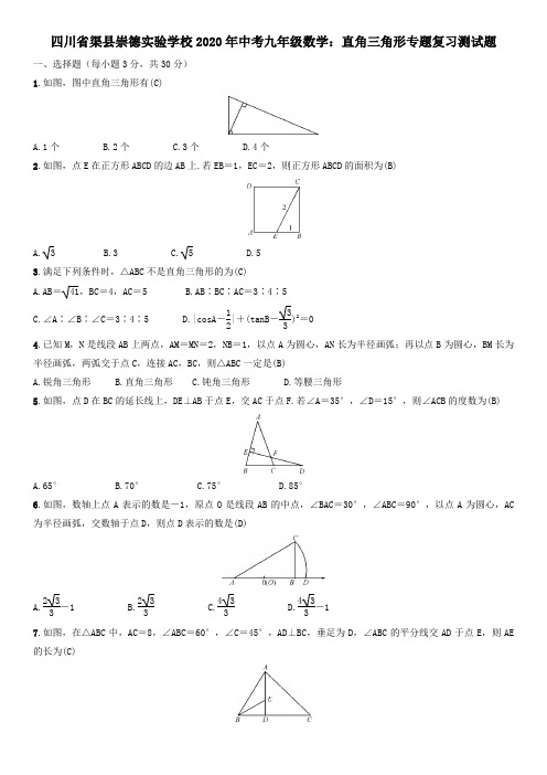 四川省渠县崇德实验学校2020年中考九年级数学：直角三角形专题复习测试试题(含答案)