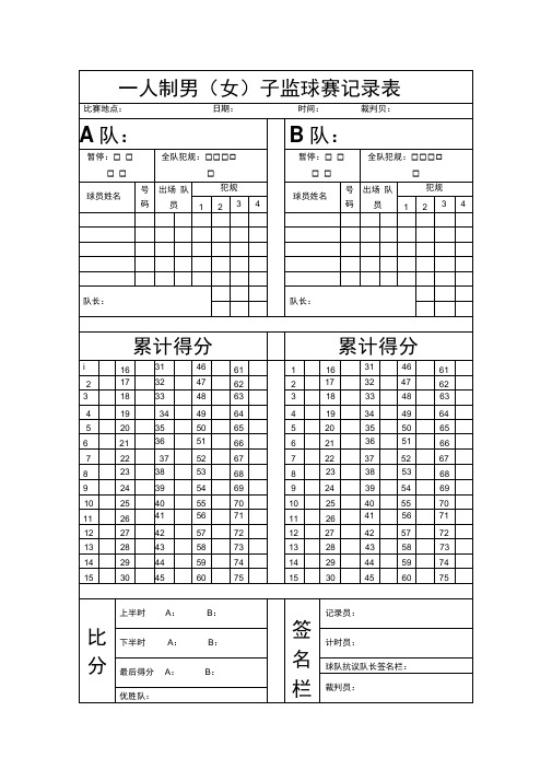 三人制篮球赛记录表