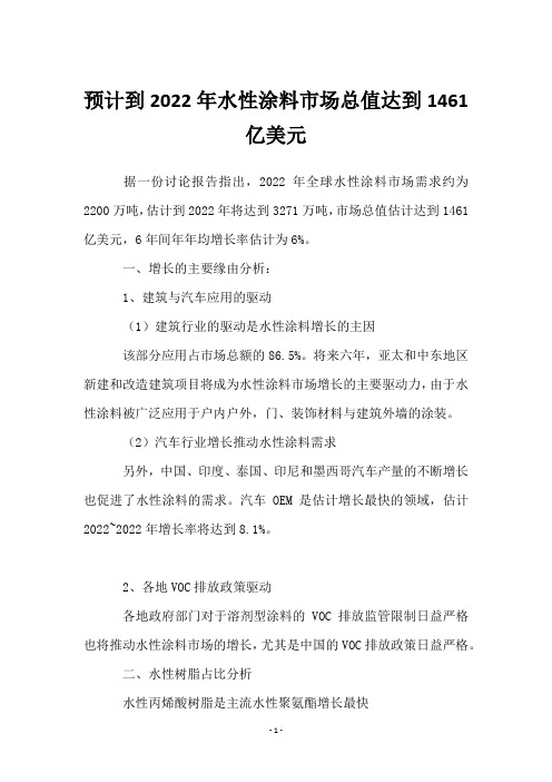 预计到2022年水性涂料市场总值达到1461亿美元