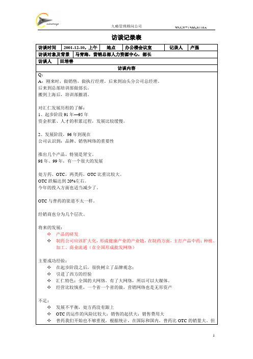 【精品】(最新)访谈记录表马青海