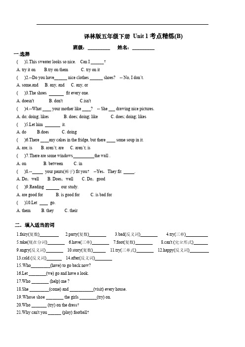 译林版英语五年级下册 Unit 1考点精练(B)