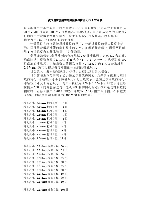 我国通常使用的筛网目数与粒径(μm)对照表