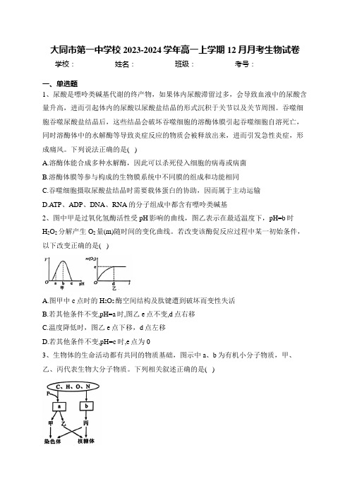 大同市第一中学校2023-2024学年高一上学期12月月考生物试卷(含答案)