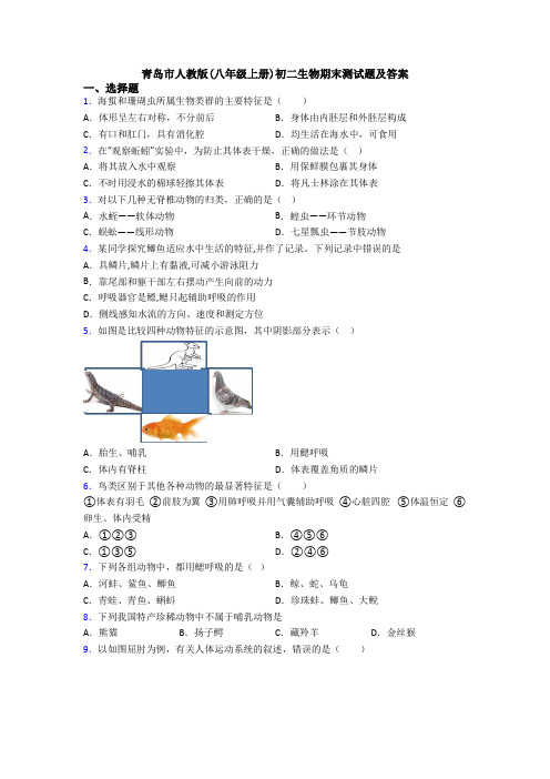 青岛市人教版(八年级上册)初二生物期末测试题及答案