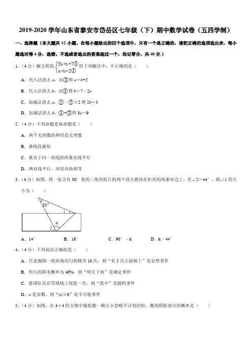 2019-2020学年山东省泰安市岱岳区七年级(下)期中数学试卷(五四学制)