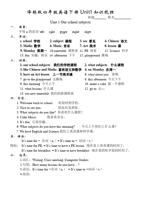 译林版四年级英语下册Unit1知识梳理-最新