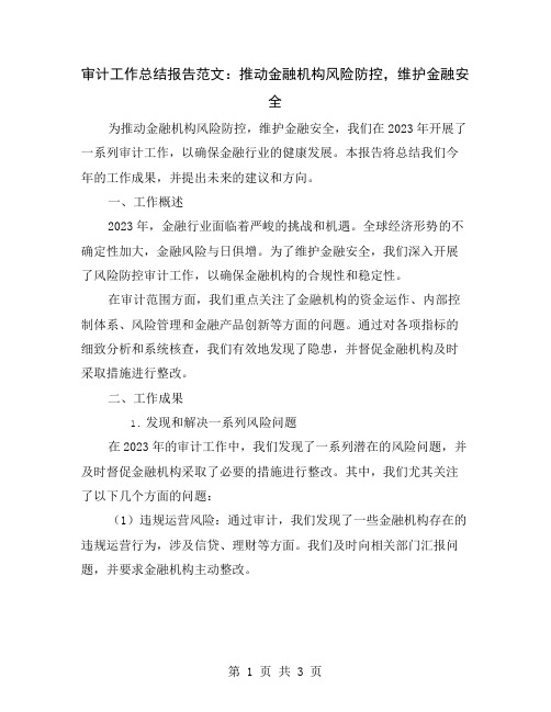 审计工作总结报告范文：推动金融机构风险防控,维护金融安全