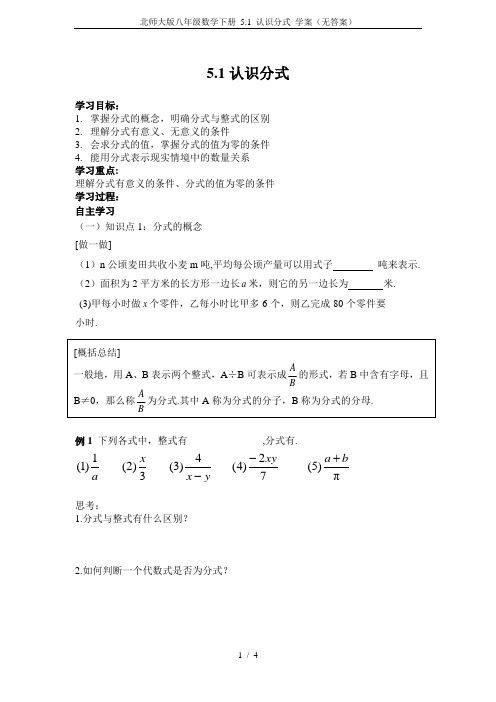 北师大版八年级数学下册 5.1 认识分式 学案(无答案)