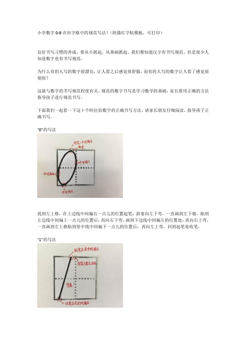 小学数字0-9在田字格中的规范写法!(附描红字帖模板,可打印)